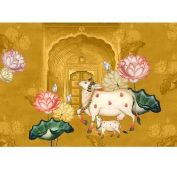 Pichwai Style Wallpaper for Lobby and Temple Walls, Yellow Indrani Series Handmade Artistic Design (Customised Size Wallpaper )